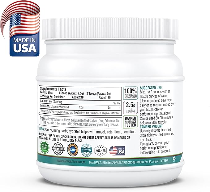 Kappa Nutrition Creatine Monohydrate Powder, Pure Amino Acid Formula, Supports Muscle Strength, Cellular Energy & Mental Focus* Gluten-Free, Keto, 2.25g per Scoop, 240 Servings, Net Wt. 1.32 LB (600g)