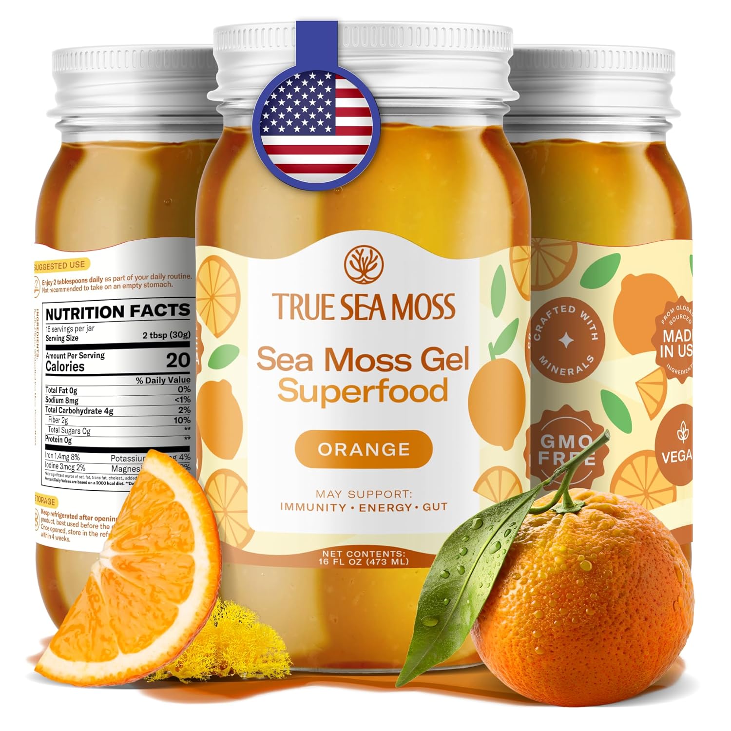 TrueSeaMoss Sea Moss Gel – Made in USA – Wildcrafted Seamoss, Fresh Fruits & Sea Vegetables – Orange, Pack of 1 (Labels may Vary)