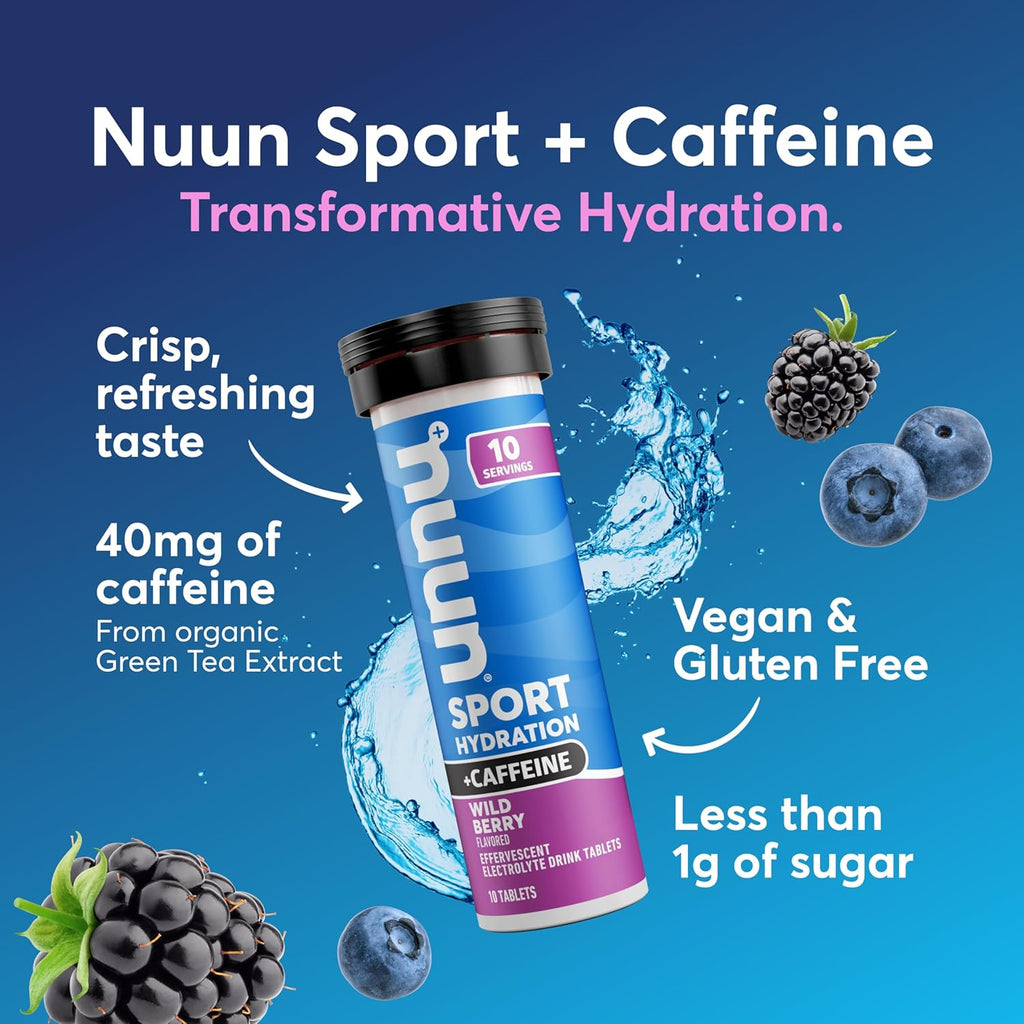 Nuun Sport Electrolyte Tablets with Caffeine from Green Tea Extract, Magnesium, Calcium, Potassium, Chloride & Sodium, Gluten Free & Vegan, Wild Berry, 8 Pack (80 Servings Total)