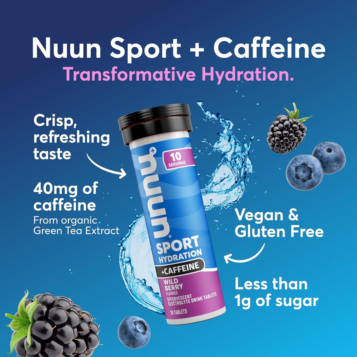 Nuun Sport Electrolyte Tablets with Caffeine from Green Tea Extract, Magnesium, Calcium, Potassium, Chloride & Sodium, Gluten Free & Vegan, Wild Berry, 8 Pack (80 Servings Total)