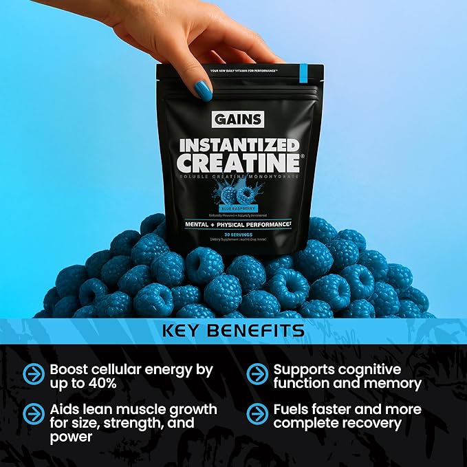 Gains in Bulk Instantized Creatine Monohydrate for Women and Men, Soluble Pre Workout Powder, Supports Muscle Building, Strength and Performance, Bodybuilding Supplements, Blue Raspberry, 30 Servings
