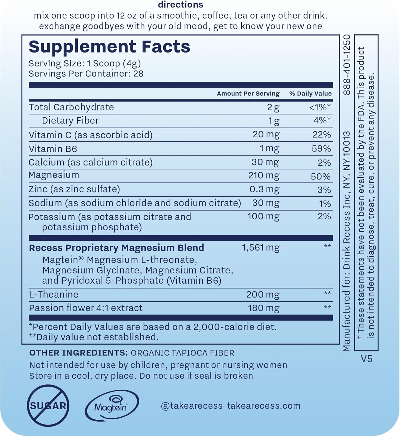 Recess Mood Powder, Calming Magnesium L-Threonate Blend with Passion Flower, L-Theanine, Electrolytes, Magnesium Calm Support Powder Supplement - Unflavored 28 Serving Tub