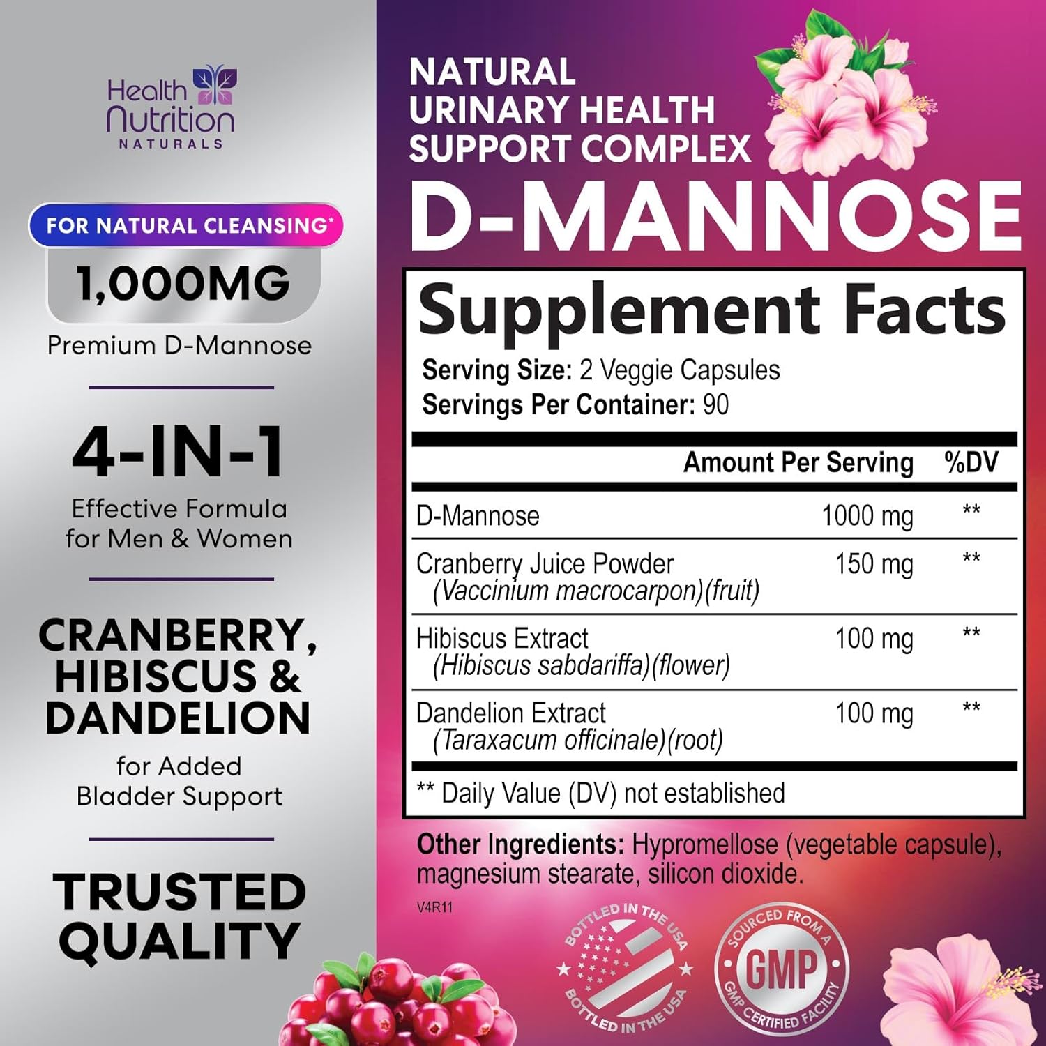 D-Mannose Supplement 1,350mg - with Cranberry, Hibiscus & Dandelion - Fast-Acting, Natural Urinary Tract & Bladder Support for Women & Men – Flush & Cleanse Impurities – Non-GMO, Vegan – 180 Capsules