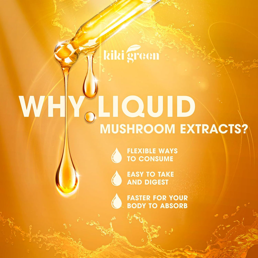 Kiki Green 8 Mushrooms Liquid Extract Drops - Adaptogenic Complex for Cognitive Support, Immunity Boost - Lions Mane Supplement, Cordyceps, Chaga, Reishi, Shiitake, Maitake, Red Reishi