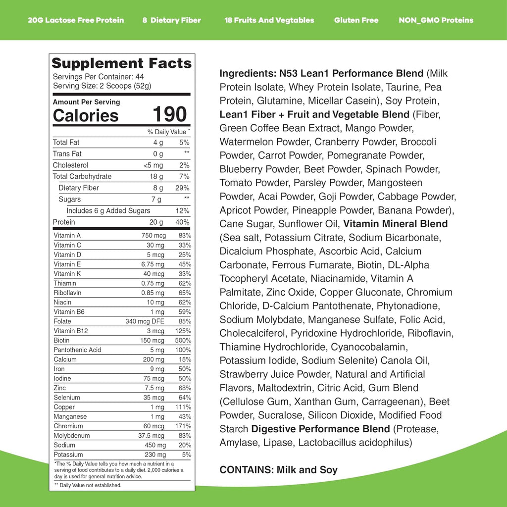 Lean1 Meal Replacement Protein Shake, Strawberry Flavor, 44 Servings in 5 Pound Bag
