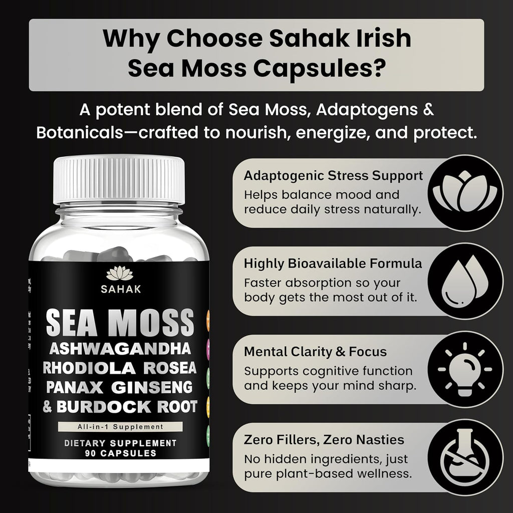 Sea Moss Capsules - Organic Irish Sea Moss with Ashwagandha, Rhodiola Rosea, Panax Ginseng, Burdock Root | Lab Tested | Immune Support, Energy, Cognition,for Women and Men - 90 Raw sea Moss Capsules
