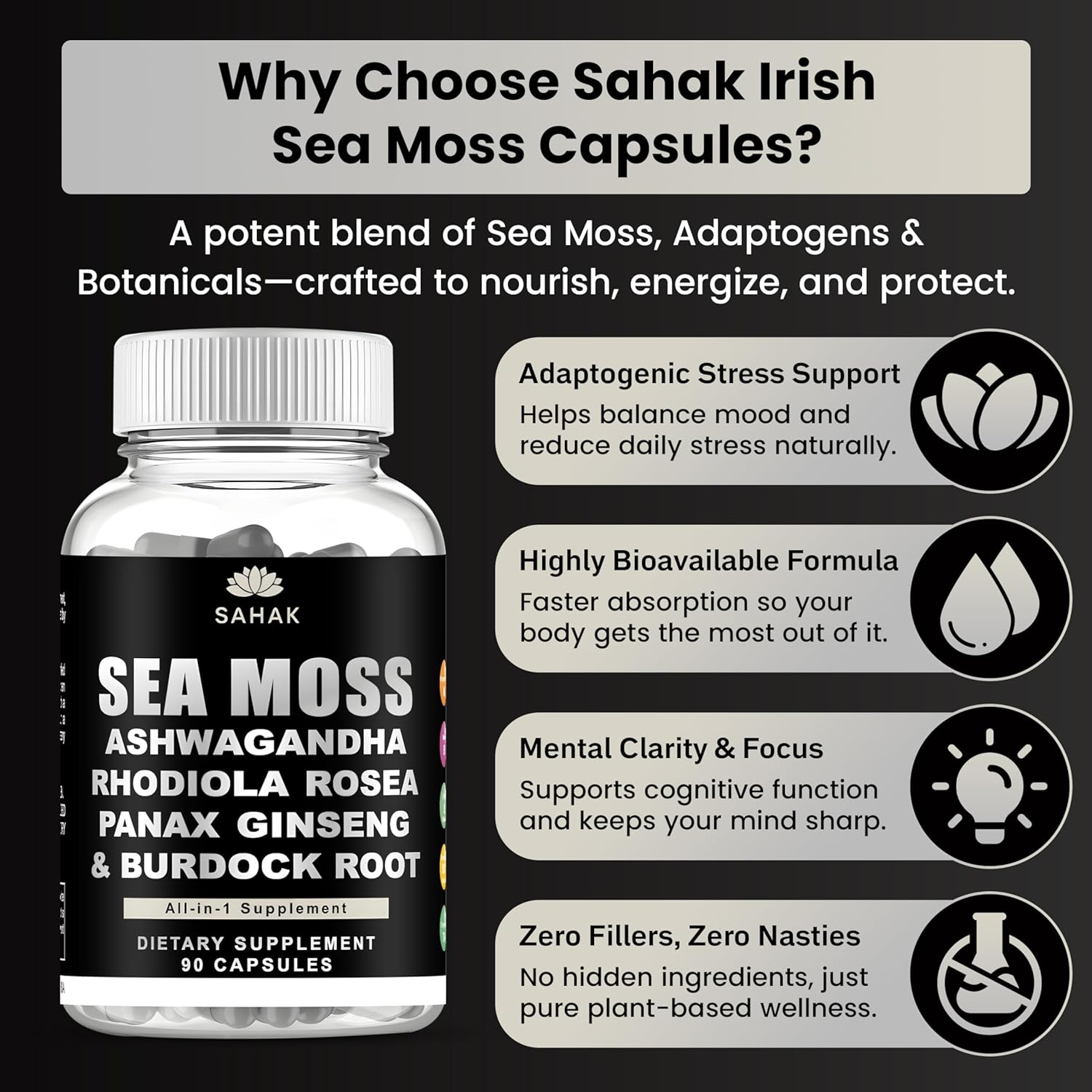 Sea Moss Capsules - Organic Irish Sea Moss with Ashwagandha, Rhodiola Rosea, Panax Ginseng, Burdock Root | Lab Tested | Immune Support, Energy, Cognition,for Women and Men - 90 Raw sea Moss Capsules