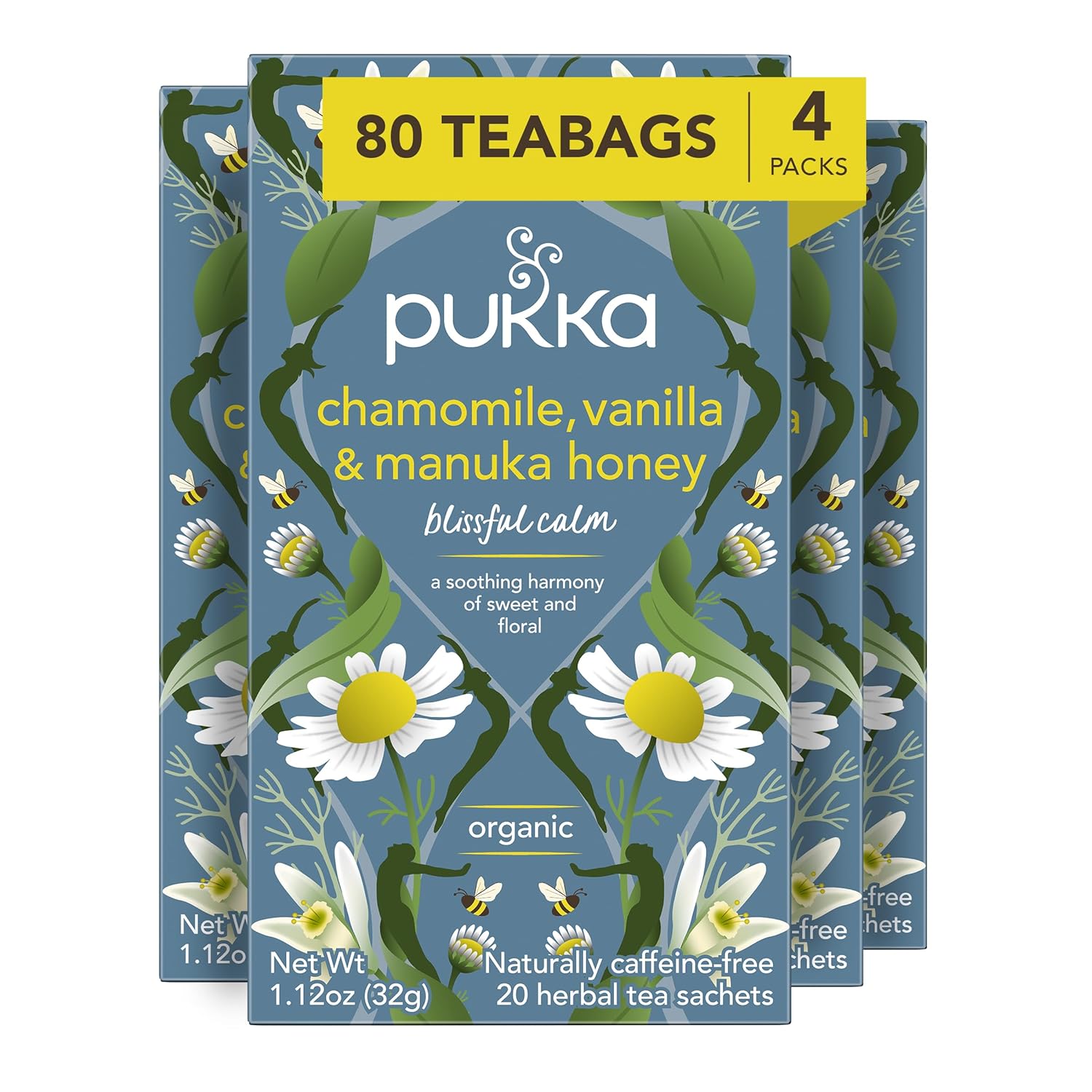 Pukka Calming Chamomile, Vanilla & Manuka Honey Organic Herbal Tea, Soothing Organic Tea Infusion Selection, Honey & Fennel Blend, Caffeine Free, 80 Total Bags (20ct - Pack of 4)