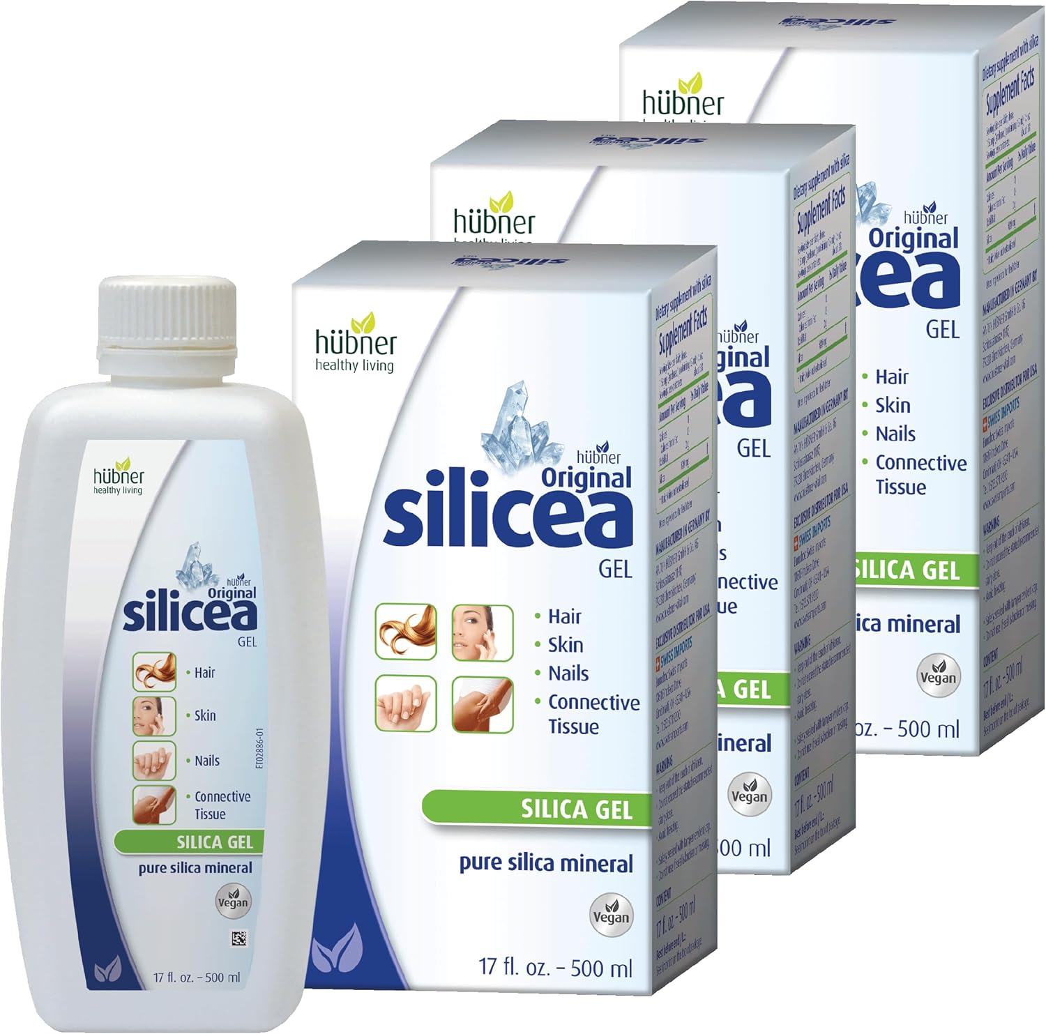 Hübner Original Silicea Gel 17 fl oz / 500 ml, 3 Pack, for Hair, Skin, Nails, and Connective Tissue, Pure Colloidal Silica Gel Formula, No Additives or Preservatives