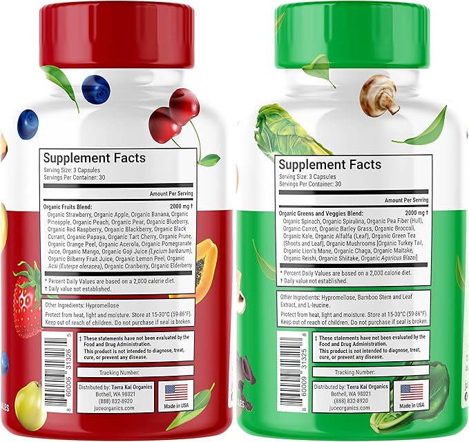 Juce Original Formula - Organic Super Fruit & Veggies Supplement - Gluten/Gelatin Free, Soy Free & Vegan- Reds & Greens Superfood Capsules- 23 Fruits & 23 Vegetables (180 Count)- By Terra Kai Organics