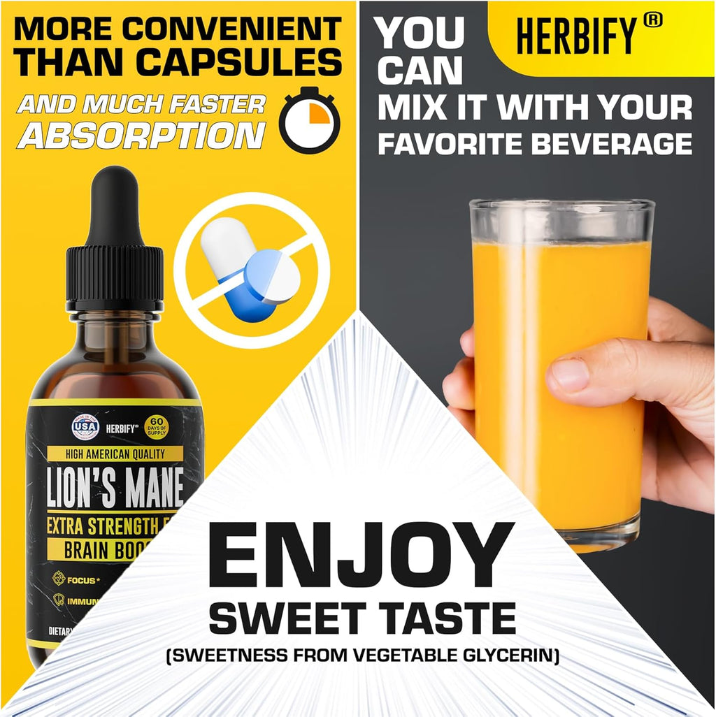 HERBIFY Lions Mane Supplement - Daily Mushroom Supplement for Memory, Focus & Clarity - Brain Booster - Lions Mane Tincture for Immune Support - 4 Fl oz