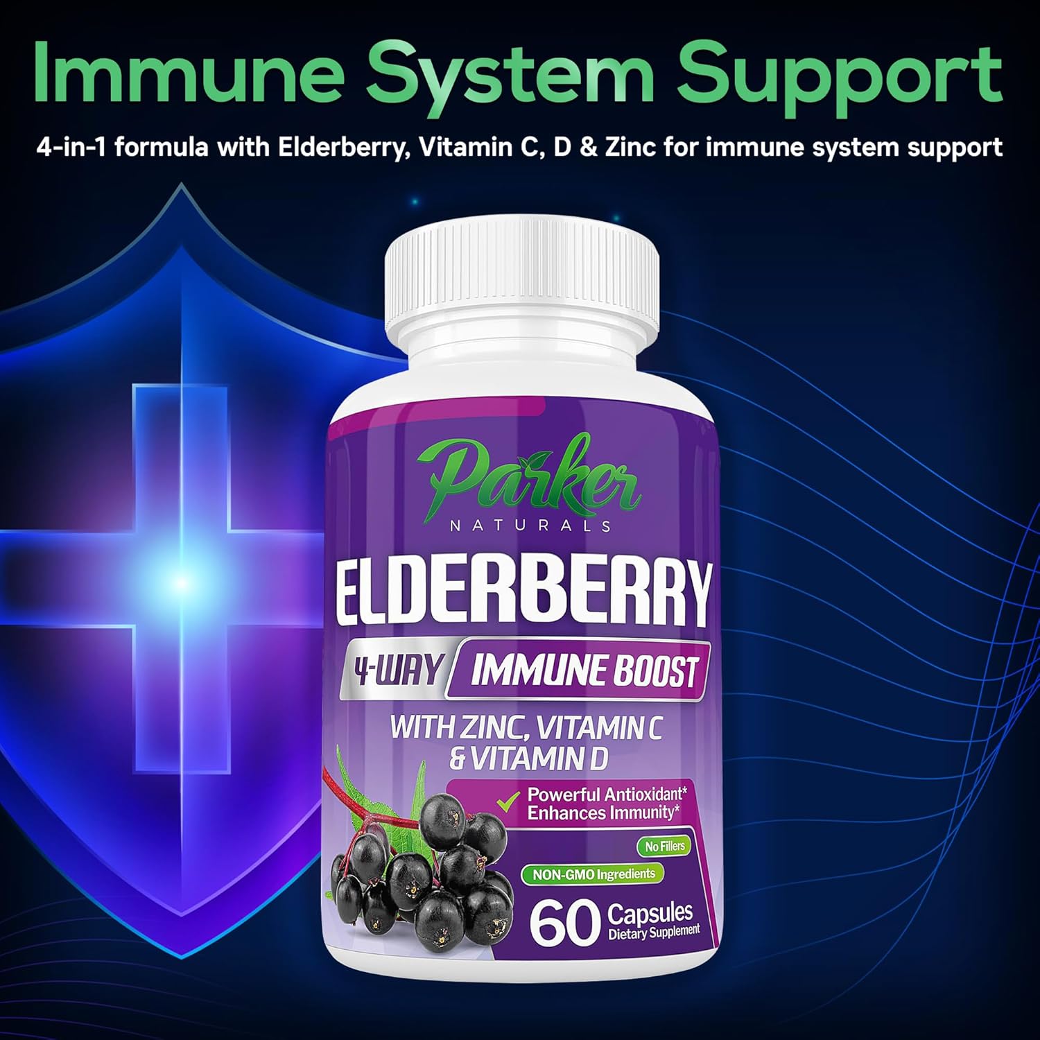 Organic Elderberry Capsules, 4-Way Immune Boost Elderberries, Vitamins C, D & Zinc Support, 1260.1 mg Elderberry Supplements for Adults, 60 Capsules