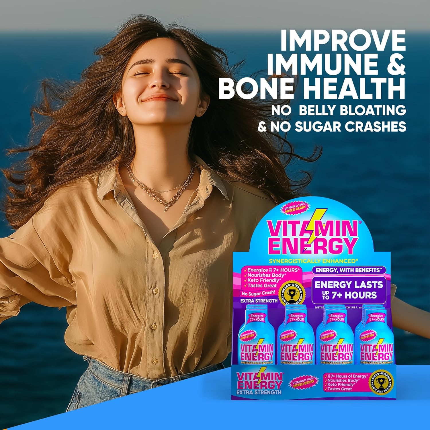 Vitamin Energy Vitamin D Extra Strength Energy Shot Mixed Berry 12 Pack, 260mg Natural Caffeine, B-Complex, Vitamin D, Wellness Support, Keto, Zero Sugar, Gluten-Free Vegan Kosher, 1.93 fl oz