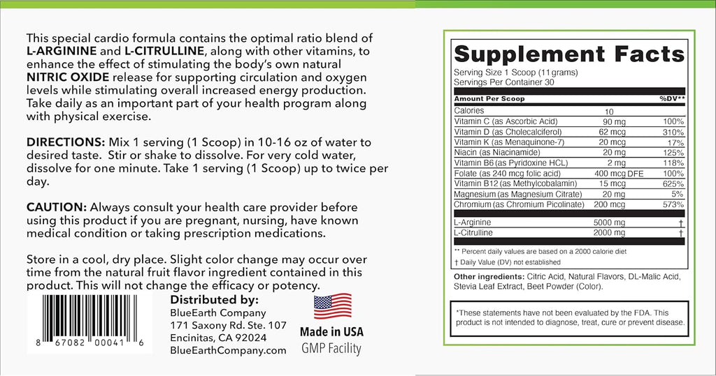 L-Arginine 5000mg + L-Citrulline 2000mg Complex Powder Supplement - Nitric Oxide Booster - Heart Health, Blood Flow, Energy & Endurance - 30 Servings (Berry Blend)