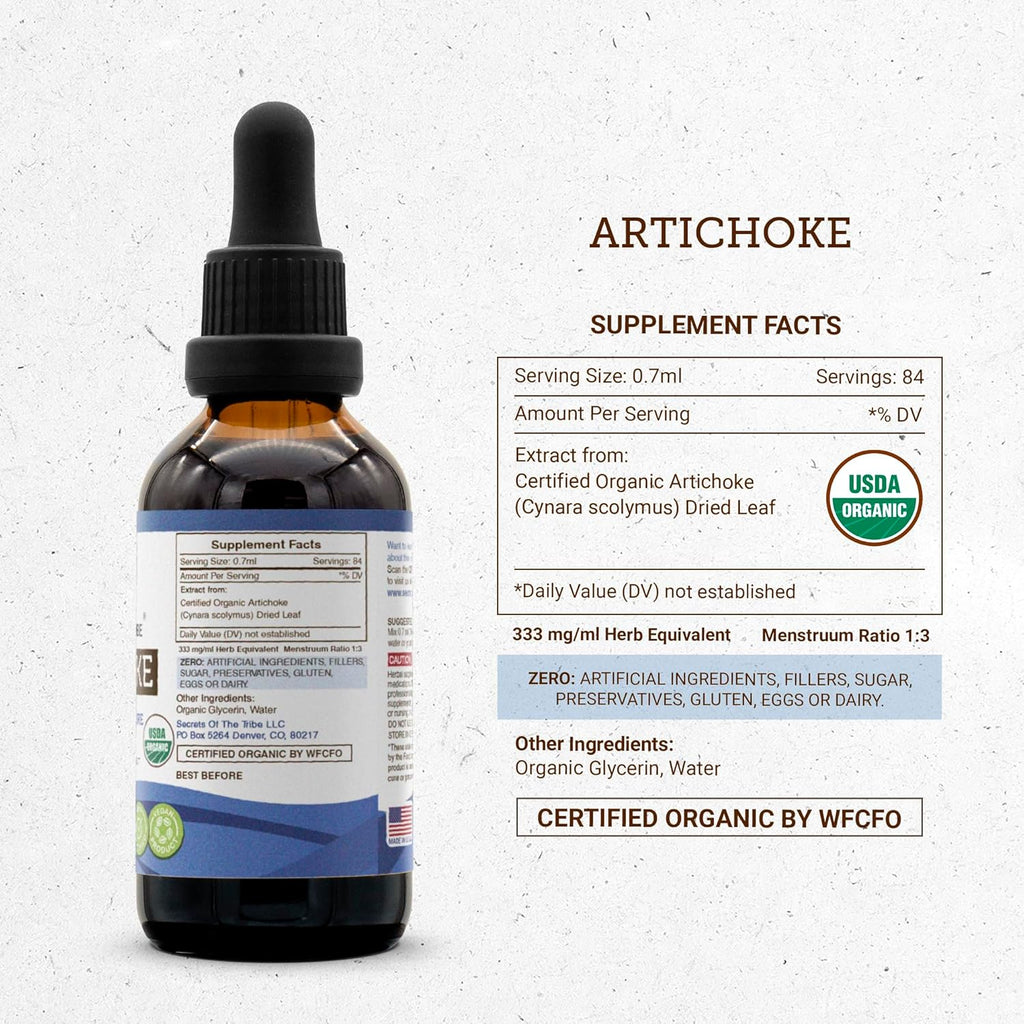 Secrets of the Tribe Artichoke USDA Organic | Alcohol-Free Extract, High-Potency Herbal Drops | Made from 100% Certified Organic Artichoke (Cynara scolymus) Dried Leaf 2 oz