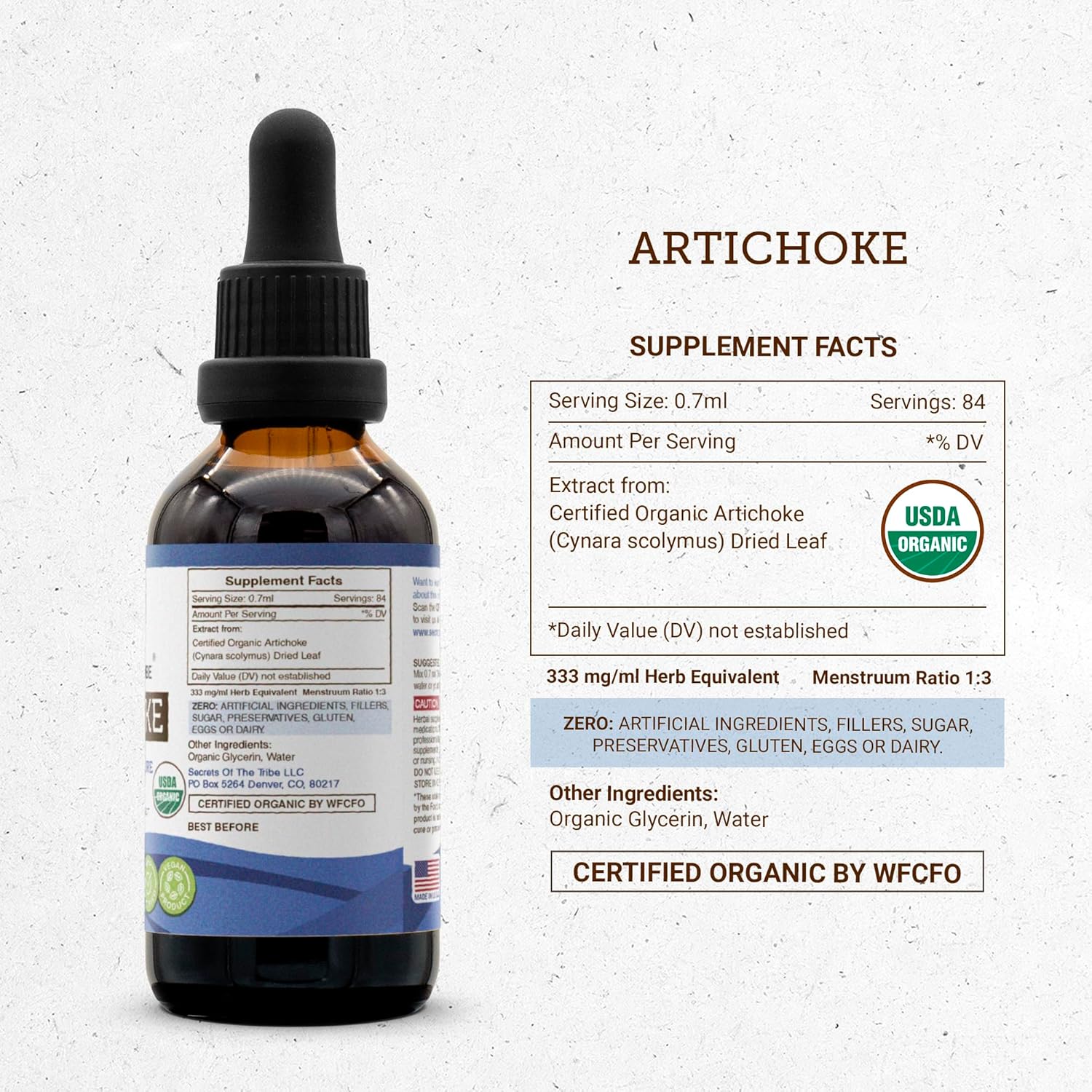 Secrets of the Tribe Artichoke USDA Organic | Alcohol-Free Extract, High-Potency Herbal Drops | Made from 100% Certified Organic Artichoke (Cynara scolymus) Dried Leaf 2 oz