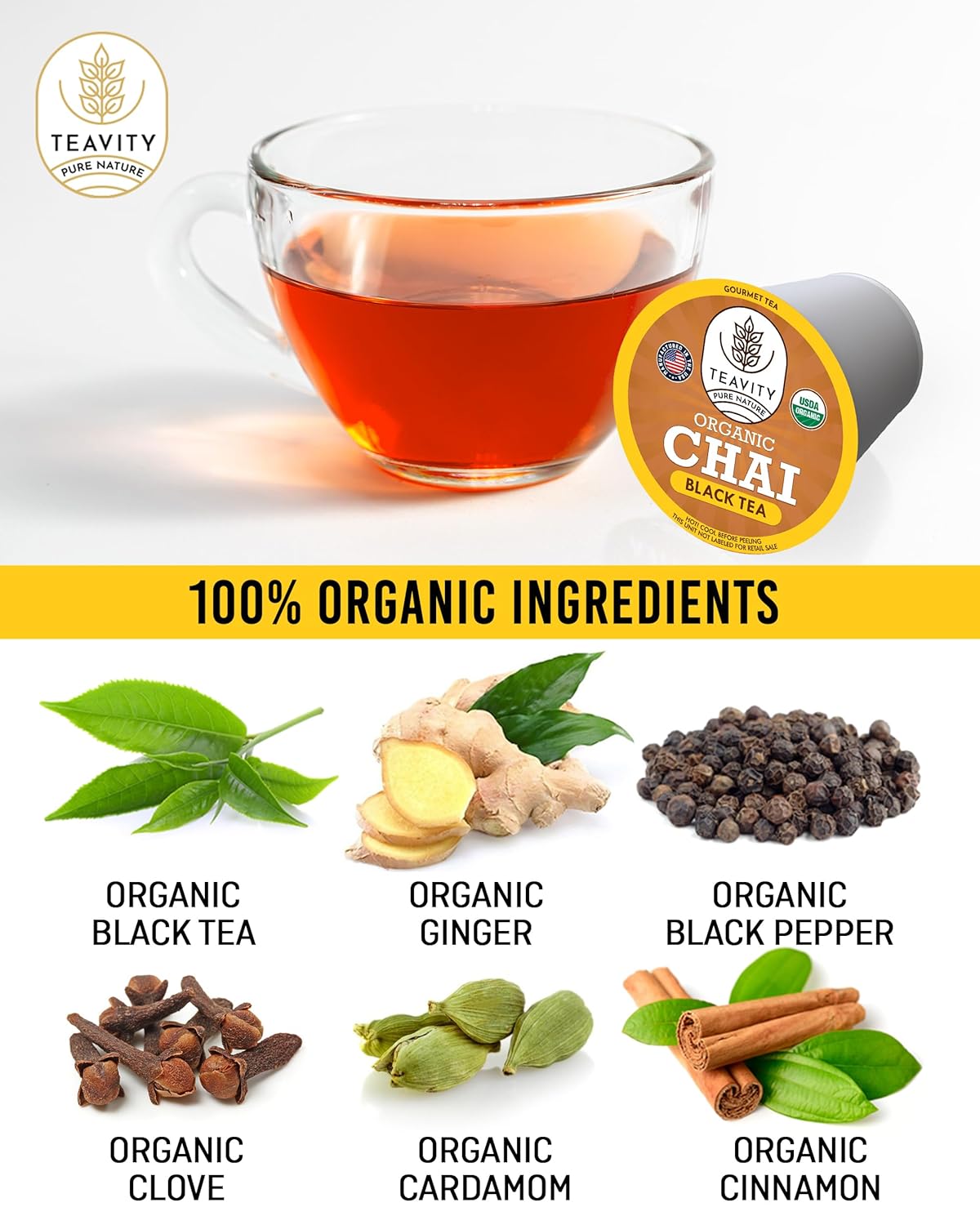 Organic Chai Black Tea Pods for Keurig Naturally Caffeinated by Teavity (36 Tea Pods)