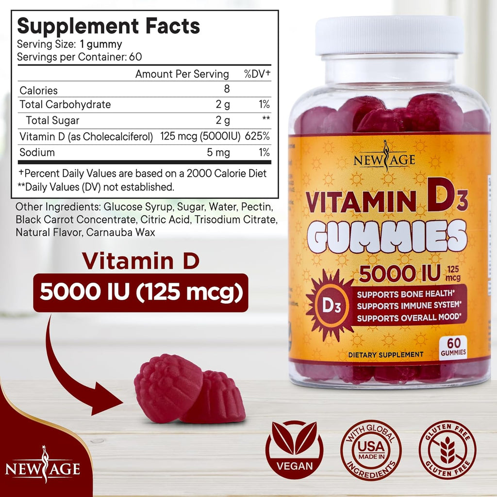 NEW AGE Vitamin D3 5000 IU 125mcg Gummies - Support Immune Support, Strong Bone Health - Non-GMO, Gluten-Free, Dairy-Free, No Gelatin (120 Gummies (Pack of 2))