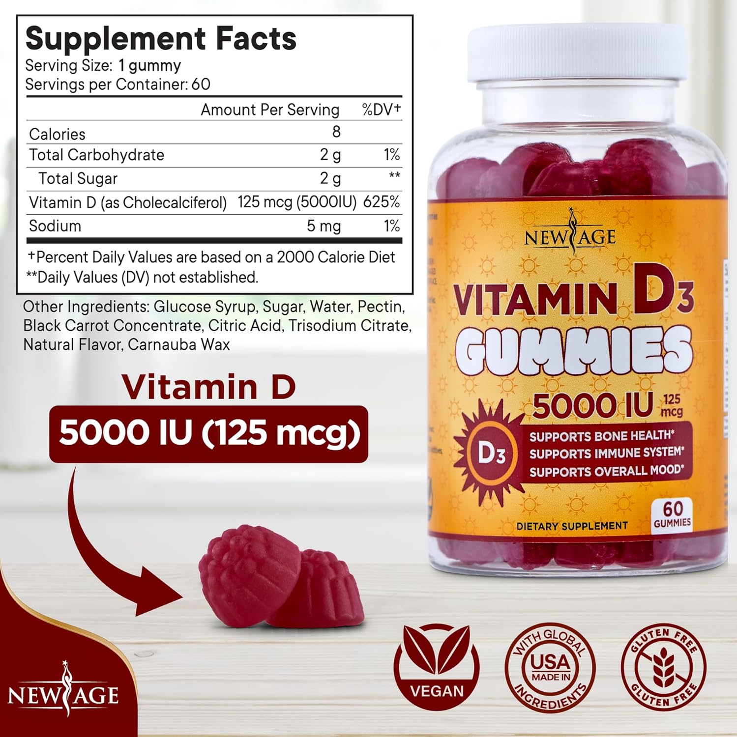 NEW AGE Vitamin D3 5000 IU 125mcg Gummies - Support Immune Support, Strong Bone Health - Non-GMO, Gluten-Free, Dairy-Free, No Gelatin (180 Gummies (Pack of 3))