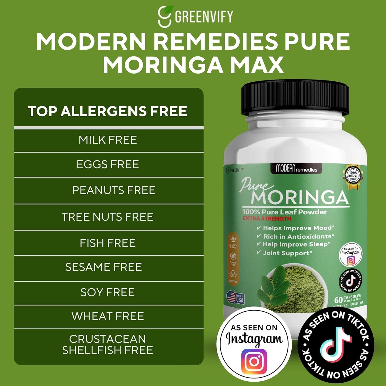 Modern Remedies Pure Moringa Max Leaf Powder Supplement, 800mg, 60 Capsules, Extra Strength for Mood, Sleep and Joint Support, Gluten Free (1)