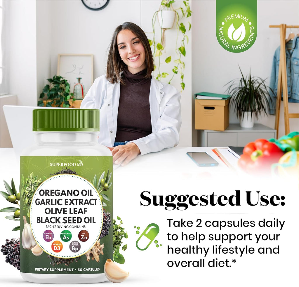Oregano Oil Garlic Extract Olive Leaf Black Seed Oil Astragalus - Immune Support Supplement for Women and Men- 180 Count