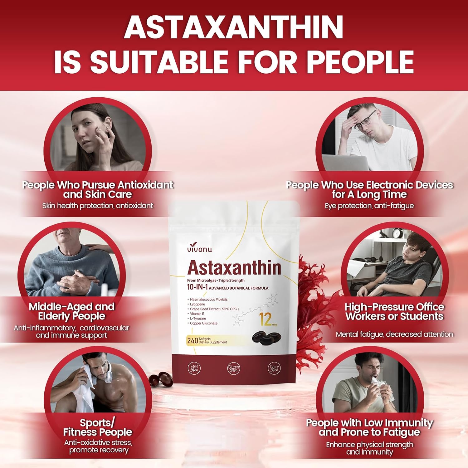 Astaxanthin 12mg, 240 Softgels, Fresh Haematococcus Pluvialis 10 in 1 Astaxanthin Antioxidant Supplements, Contains Lycopene, Grape Seed, Vitamin E, & More, Supports Eye Joints Skin Health, 1 Bag
