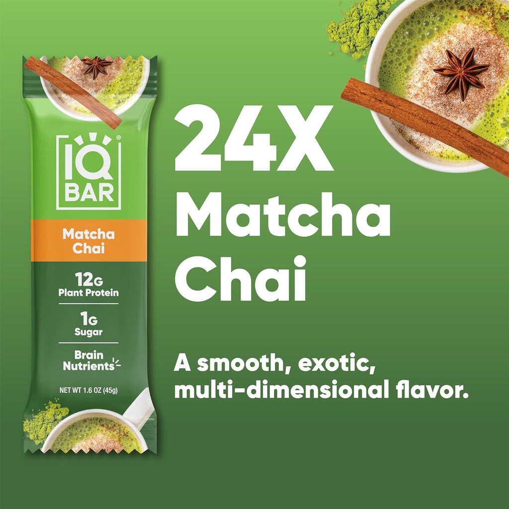 IQBAR Brain and Body Plant Protein Bars - Matcha Chai - 24-Count - Keto, Vegan, Low Carb, High Fiber, Gluten Free, Dairy Free, Low Sugar Snack with Nutrients for Focus, Energy, Meal Replacement