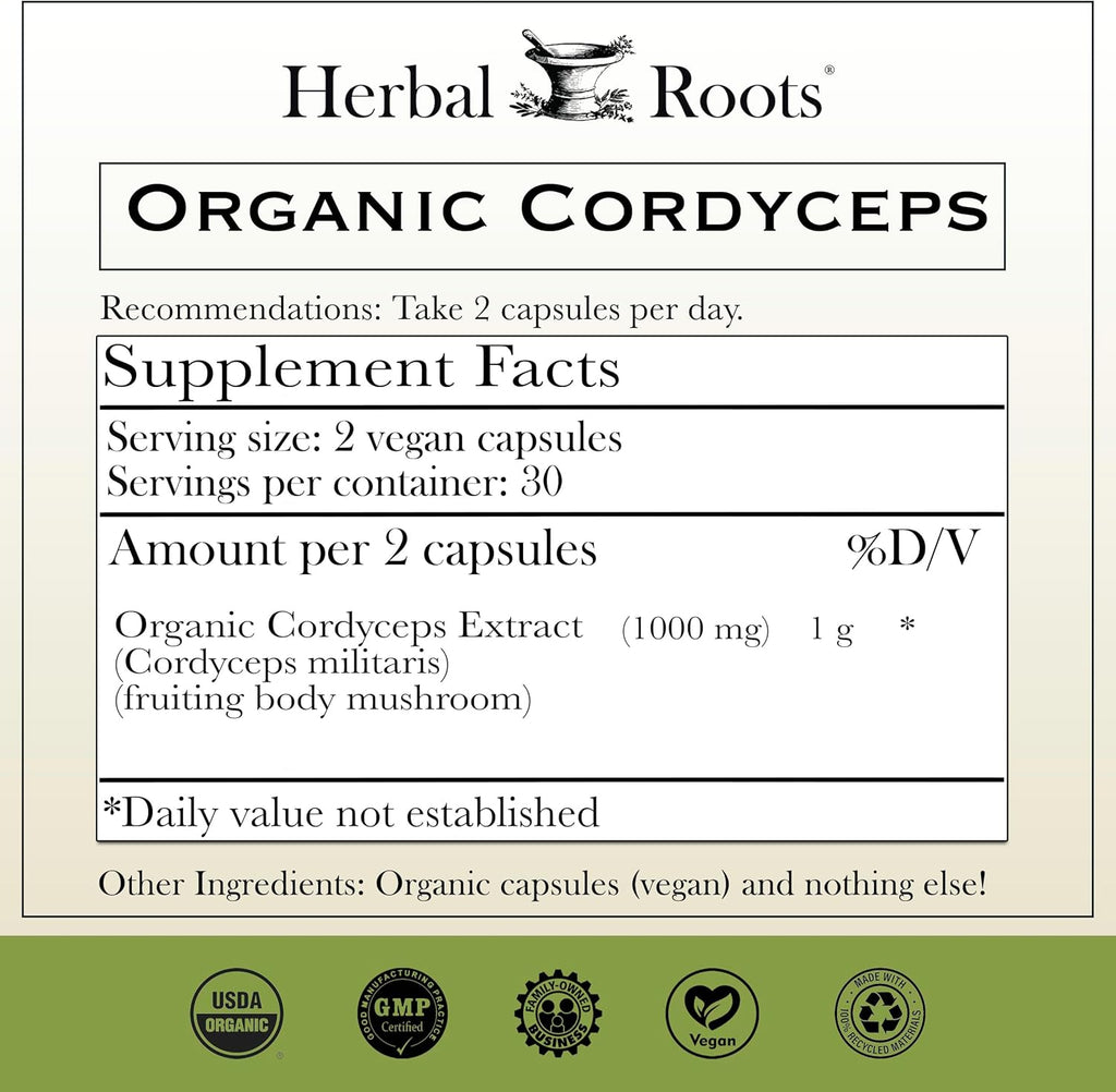 Herbal Roots Organic Cordyceps - Fruiting Body Extract Mushroom Capsules - Immune & Energy Support - 60 Vegan Capsules