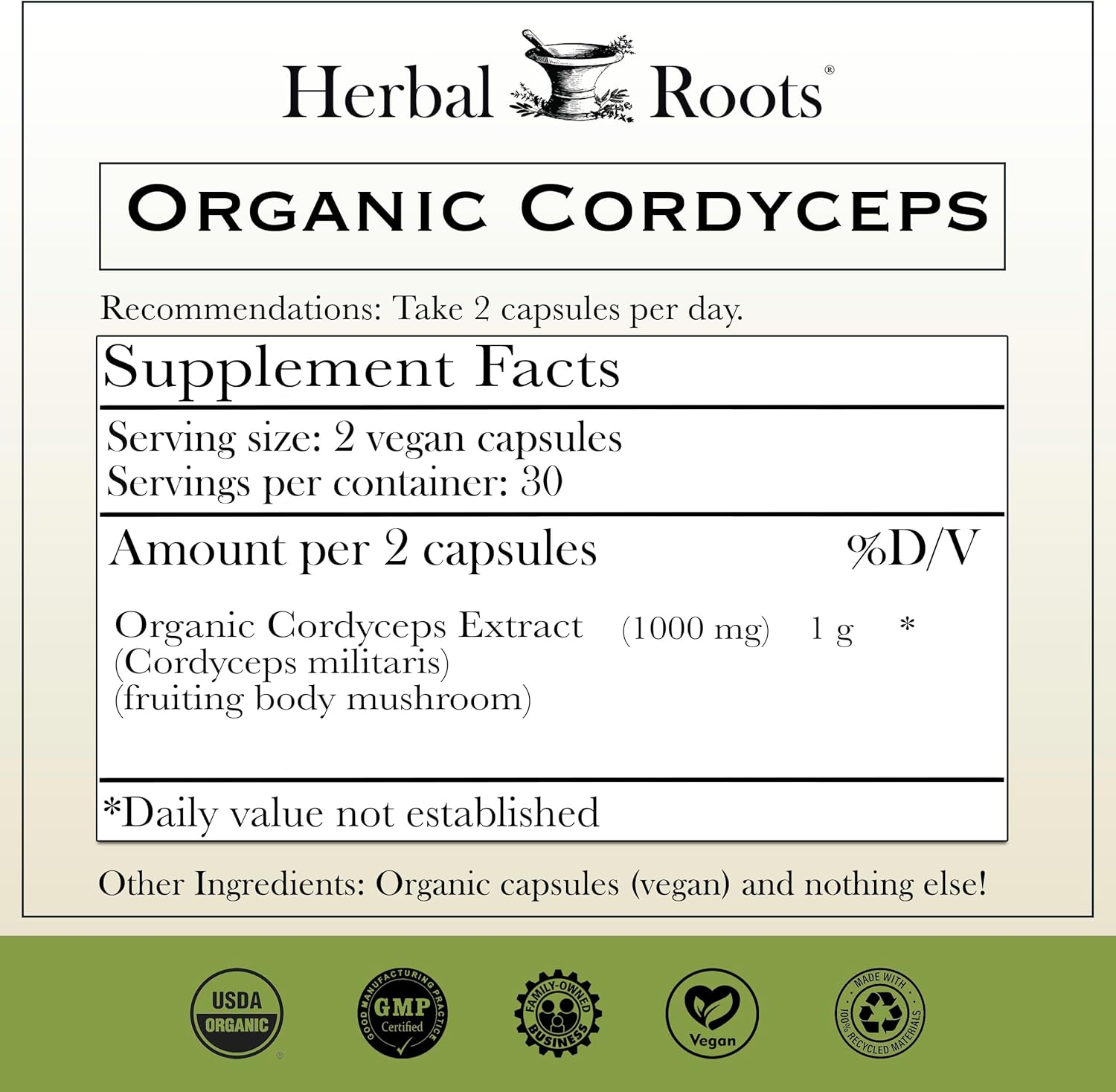 Herbal Roots Organic Cordyceps - Fruiting Body Extract Mushroom Capsules - Immune & Energy Support - 60 Vegan Capsules