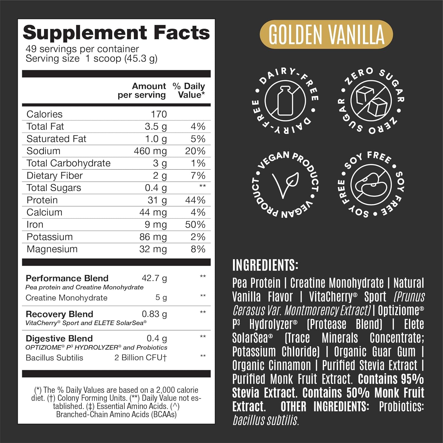 Falcon Performance Vegan Protein Powder, 31g Protein, 5g Creatine, 5g BCAA, Probiotics, Electrolytes, Pre Workout, Low Carb, Sugar Free & Dairy Free, Plant Based Vanilla Protein - 49 Servings