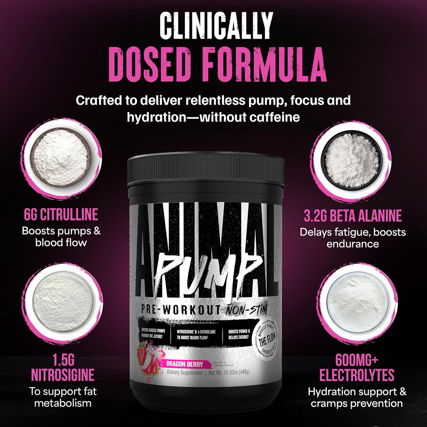 Animal Pump NS Stim-Free Pre Workout Powder for Men & Women - Caffeine-Free Preworkout for Energy, Focus, and Muscle Builder, Beta Alanine, Citrulline, Nitrosigine and Nootropics, Dragon Berry, 440g