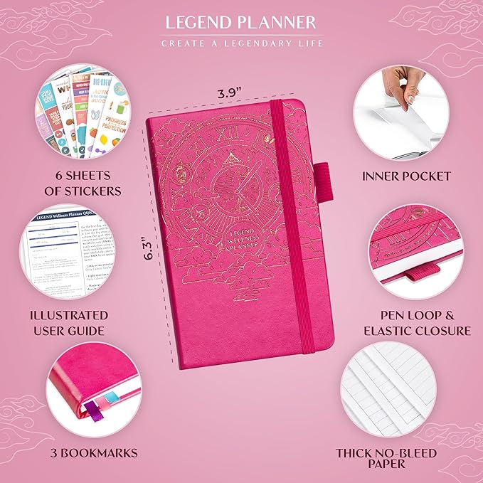 Legend Wellness Planner & Food Journal Pocket – Daily Diet & Health Journal with Weight Loss, Measurement & Exercise Trackers – Lifestyle & Nutrition Diary – Lasts 6 Months, 3.9x6.3″ – Hot Pink
