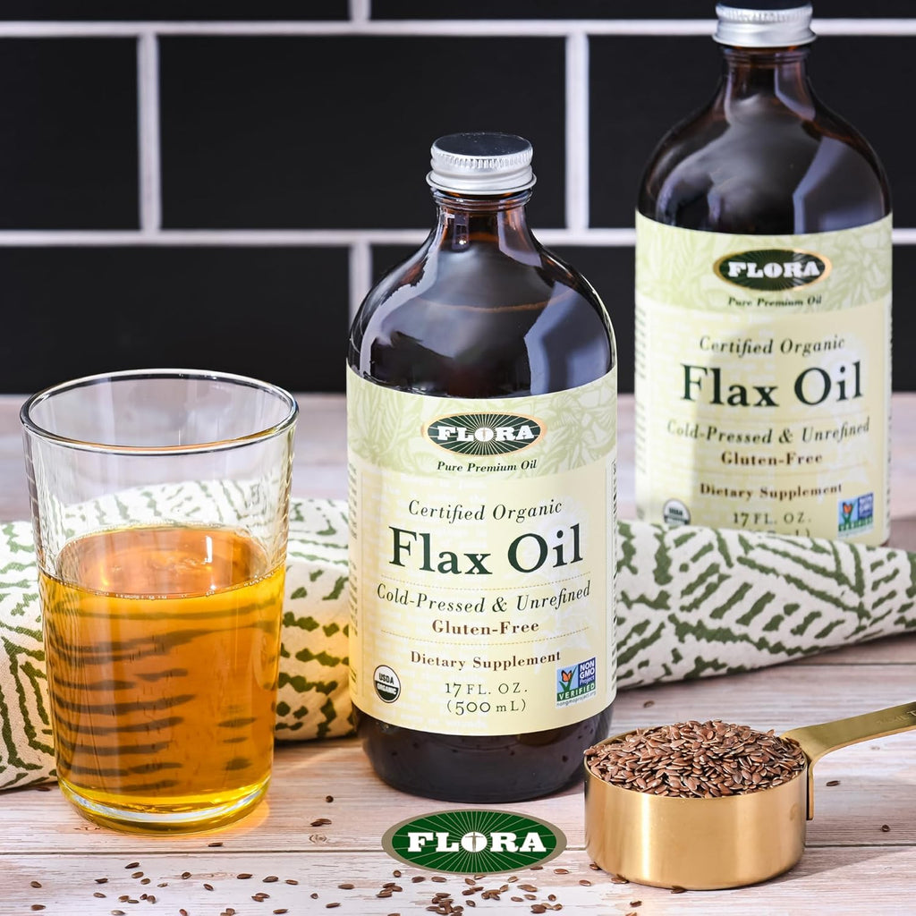 Flora - Flax Oil - Cold-Pressed, Unrefined, Organic Flax Seed Oil - Contains Omega-3 & Omega-6 - Non-GMO & Gluten-Free - Keep Chilled - 17 fl. oz. Amber Glass Bottle