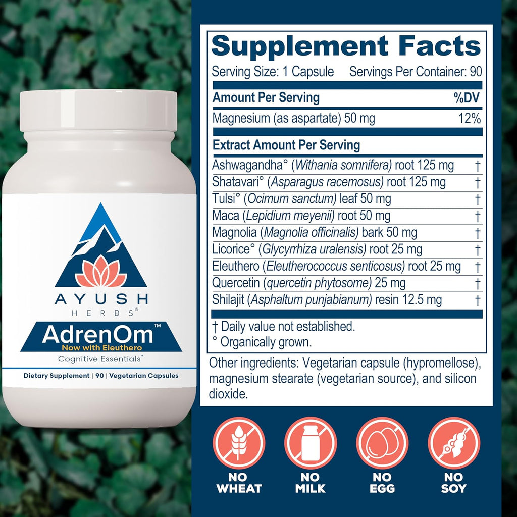Ayush Herbs AdrenOm - Ayurvedic Adrenal and Stress-Support Supplement for Women & Men, Ashwagandha & Eleuthero to Support Adrenal Balance, Cognitive Function & Calm - 90 Vegetarian Capsules (1 Count)