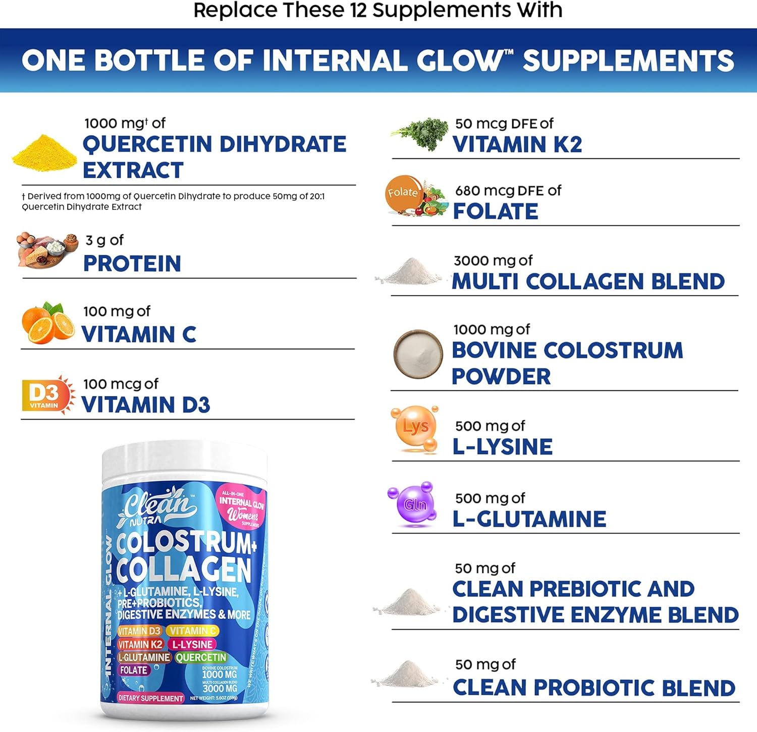 Bovine Colostrum+Collagen Peptides Powder| L-Glutamine L-Lysine Prebiotics Probiotics Digestive Enzymes Vitamin D K2 Vitamin C Quercetin & Folate|Gut Health Supplement Internal Glow By Clean Nutra (1)