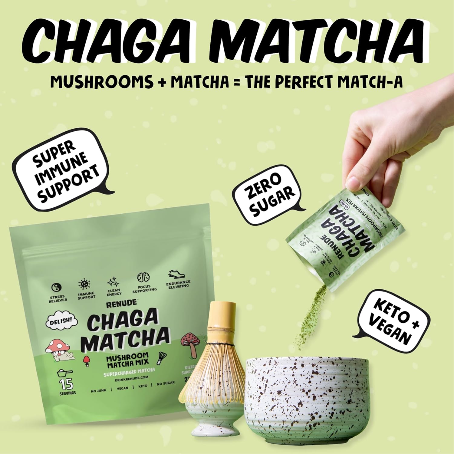 Renude Chaga Matcha - Chaga Mushroom Powder, Superfood Drink Mix with Adaptogens, Ceremonial Grade Mushroom Matcha, Keto, Vegan, Sugar Free, Natural Energy and Immune Support - 30 Servings