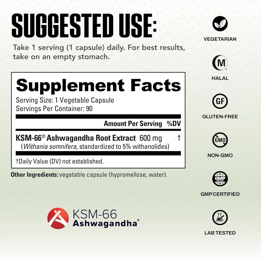 NutraBio Ashwagandha KSM-66 | Ashwaganda Herbal Supplement for Stress, Mood, & Performance | 600 MG of Clinically Studied KSM66 90 Capsules