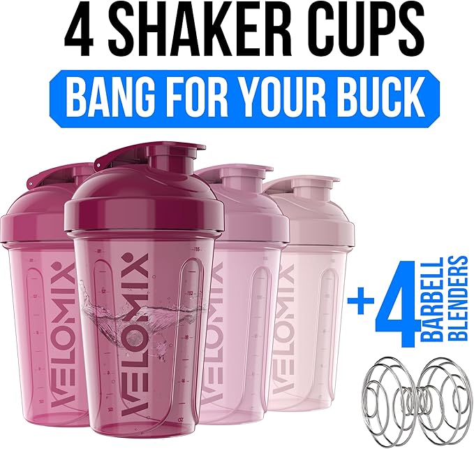 VELOMIX -4 PACK- 20 OZ Protein Shaker Bottles for Protein Mixes, Shaker Cups for Protein Shakes, Small Shaker Bottle Pack, Shaker Cup, Shakers for protein Shakes (Berry Blend)