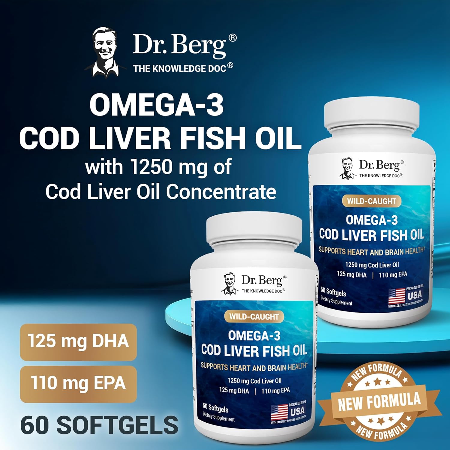 Dr. Berg Maximum Strength Omega-3 Cod Liver Fish Oil (1250 mg) from Wild-Caught Cod - Lemon-Flavored Omega-3 Fish Oil for Women & Men - EPA DHA Supplement – 60 Softgels