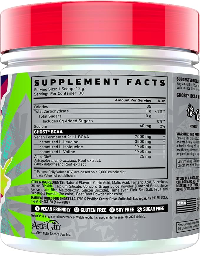 GHOST BCAA Powder Amino Acids Supplement, Welch's Grape-Cran - 30 Servings - Sugar-Free Intra, Post & Pre Workout Amino Powder & Recovery Drink, 7G BCAA