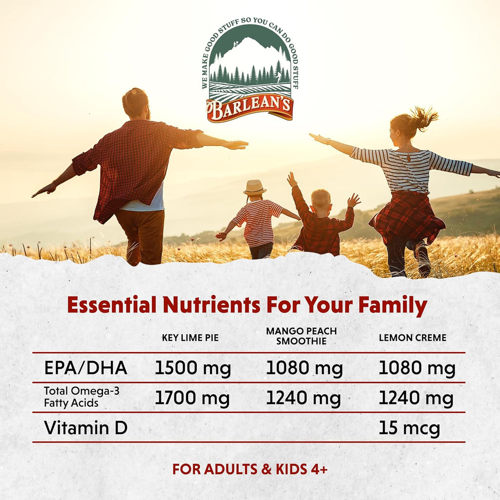 Barlean's Omega 3 Fish Oil Liquid Supplement 3-Flavor Variety Pack for Men and Women, EPA and DHA Fatty Acid, Includes Key Lime Pie, Lemon Crème and Mango Peach Flavors, 8 oz
