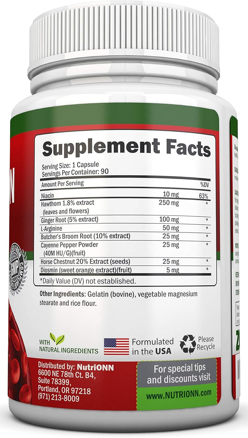 Blood Circulation Support - All Herbal Supplement For Healthy Blood Flow, Arteries & Veins - Promotes Leg Comfort - With Hawthorn, Niacin, L-Arginine, Butcher’s Broom, Cayenne Pepper, Horse Chestnut
