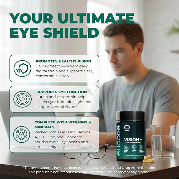 Vision+ Eye Support Blend Eye Vitamins and Mineral Supplement with Lutein, Zeaxanthin, Bilberry Extract, Vitamins A, C & E, Zinc & Copper - Support Eye Health & Clear Vision – 60 Veg Caps