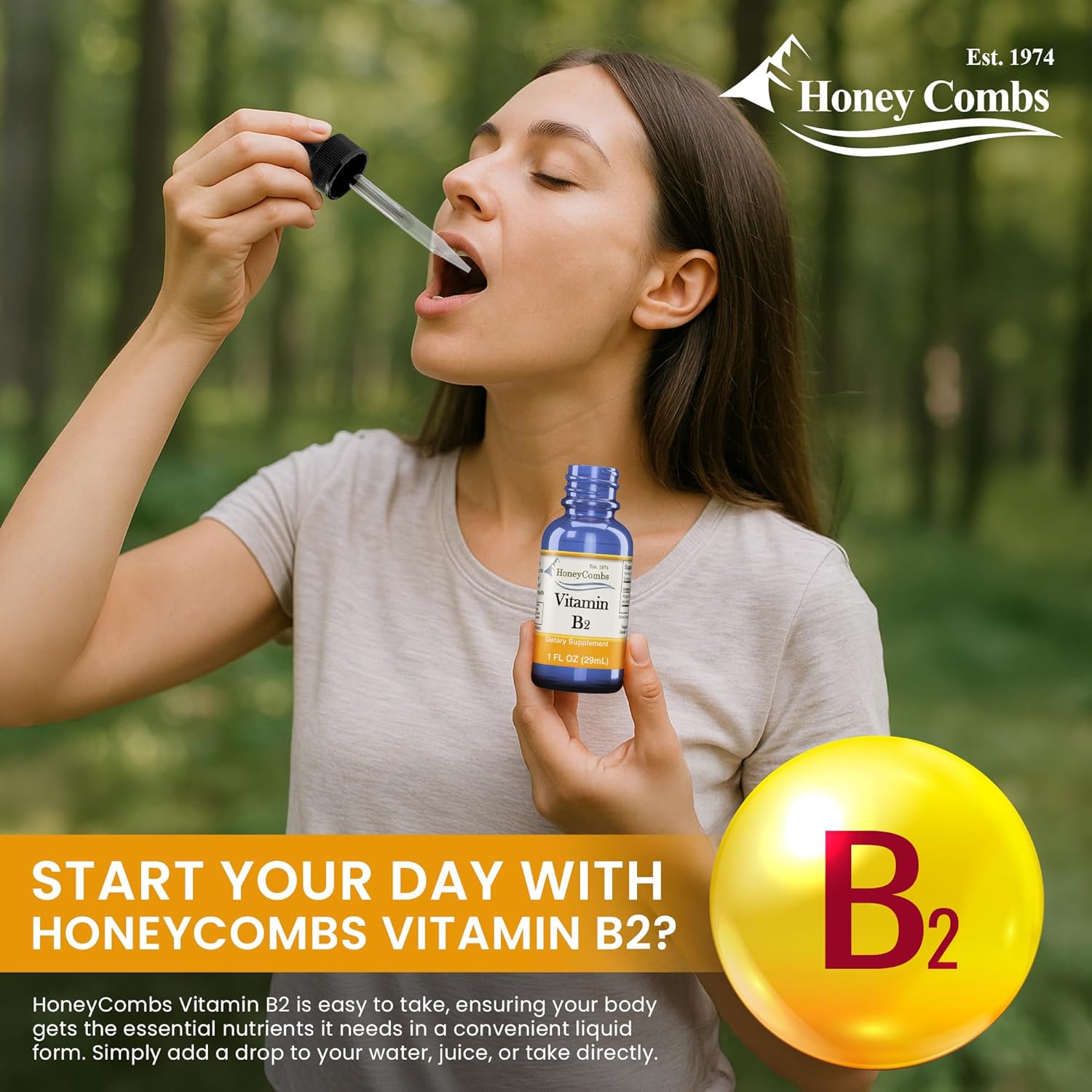HoneyCombs Vitamin B2 Riboflavin Supplement Liquid Drops - High Potency Vitamin B2 for Men & Women - Maintain Healthy Digestion, Nervous System, Hair, Skin, Nails - Vegan Liquid Vitamins (1 Fl oz)