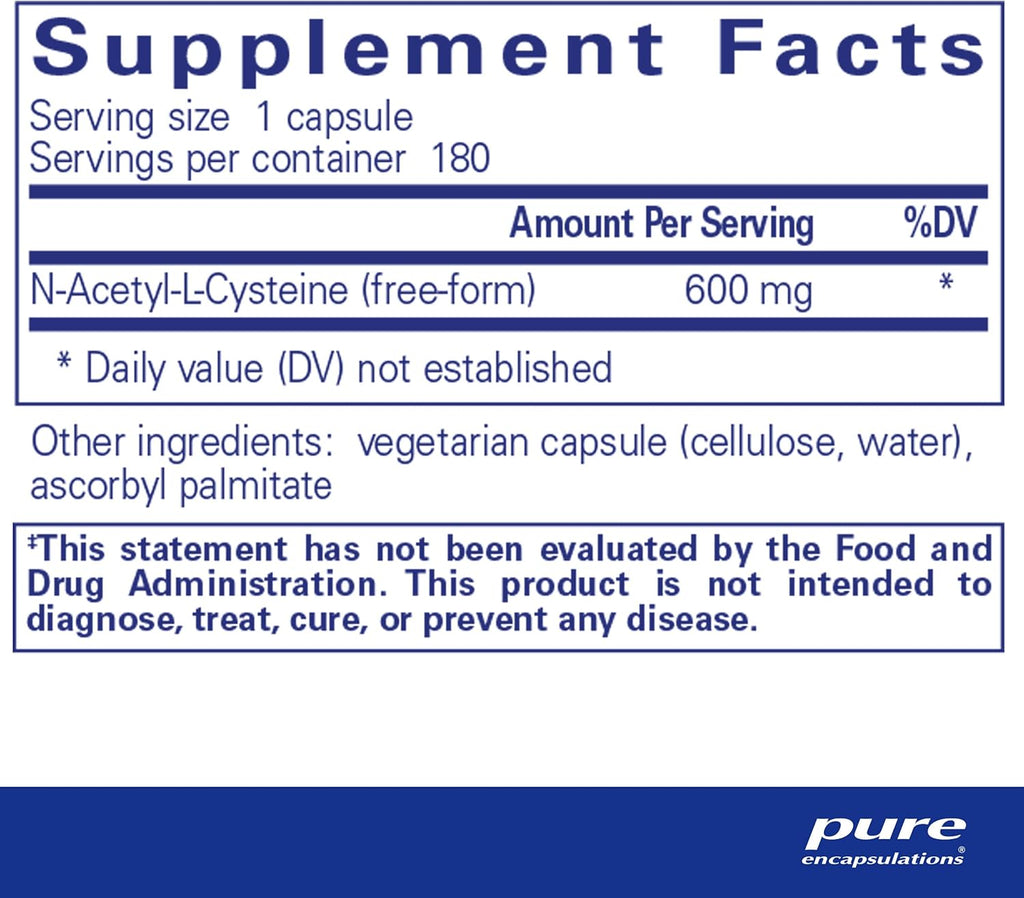 Pure Encapsulations NAC 600 mg - N-Acetyl Cysteine NAC Supplement for Lung Health & Immune Support, Liver Support & Antioxidants* - with Freeform N-Acetyl-L-Cysteine - 180 Capsules