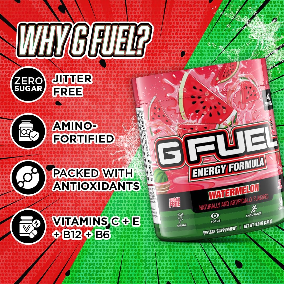 G fuel Watermelon Energy Drink Powder, Pre Workout Caffeine Mix for Gaming, Sugar Free Focus Amino, Vitamin + Antioxidants, 9.9oz (Watermelon, 40 Servings)