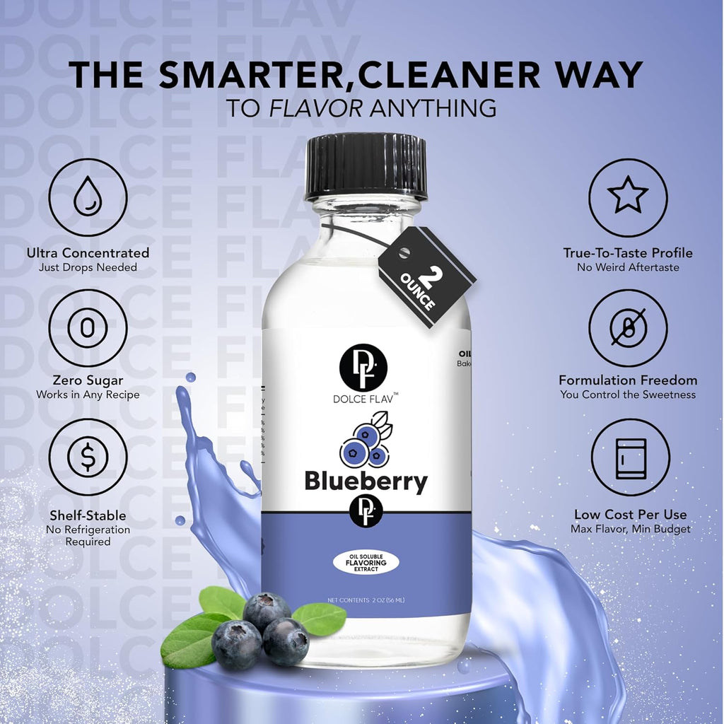 Dolce Flav Blueberry Extract – 8 Ounce Oil-Soluble Kosher, Sugar-Free, Concentrated Ripe Blueberry Flavoring for Baking, Chocolates & Desserts, Includes Measured Dropper