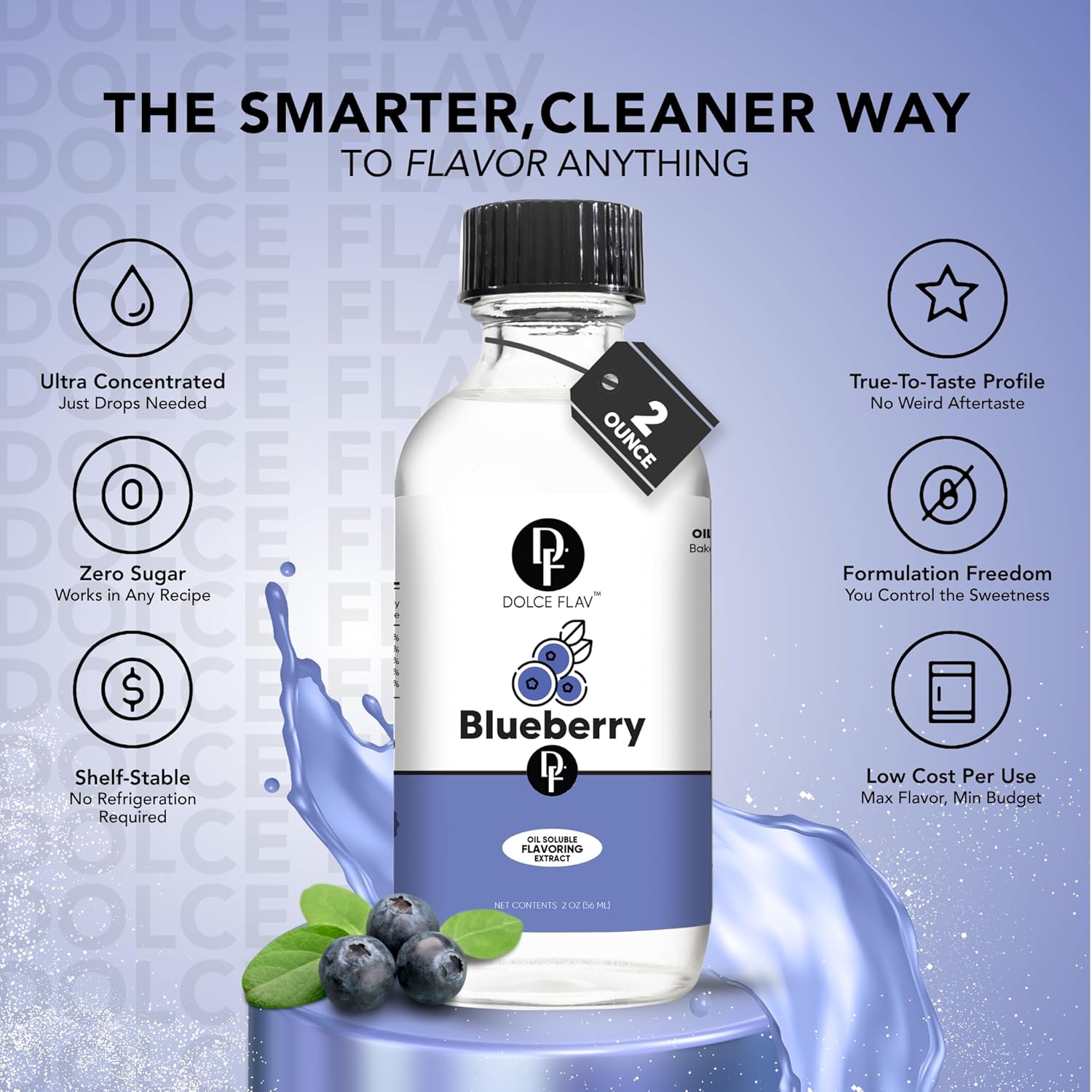 Dolce Flav Blueberry Extract – 2 Ounce Oil-Soluble Kosher, Sugar-Free, Concentrated Ripe Blueberry Flavoring for Baking, Chocolates & Desserts, Includes Measured Dropper