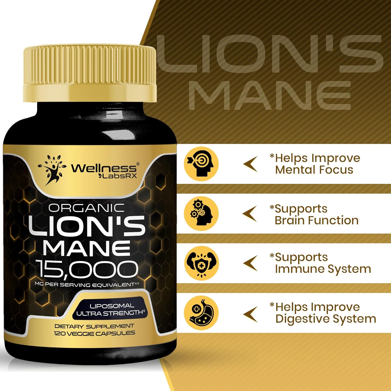 Lions Mane Supplement Capsules - 120 Count - Mushroom Supplement, Brain Supplements for Memory and Focus, Lion's Mane Mushroom Capsules Organic - Cognitive and Immune Support, Focus Supplement