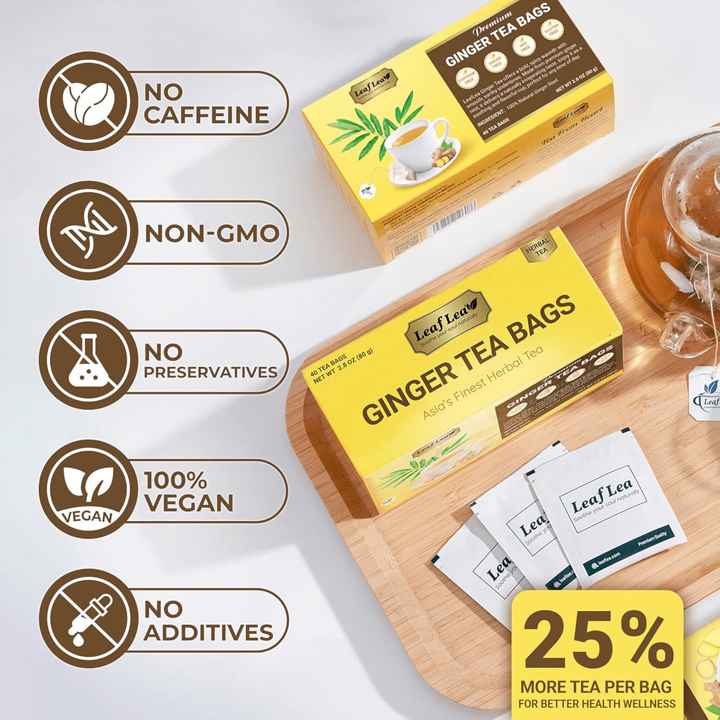 LeafLea 40 Ginger Tea Bags, 100% Pure & Natural from Dried Ginger Root Tea, Spicy & Comforting Herbal Tea Supports Digestion, Caffeine Free, Sugar Free, No Gluten, Non-GMO, Vegan